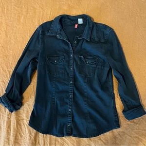 Super Stretch Denim Black Top- Button Down